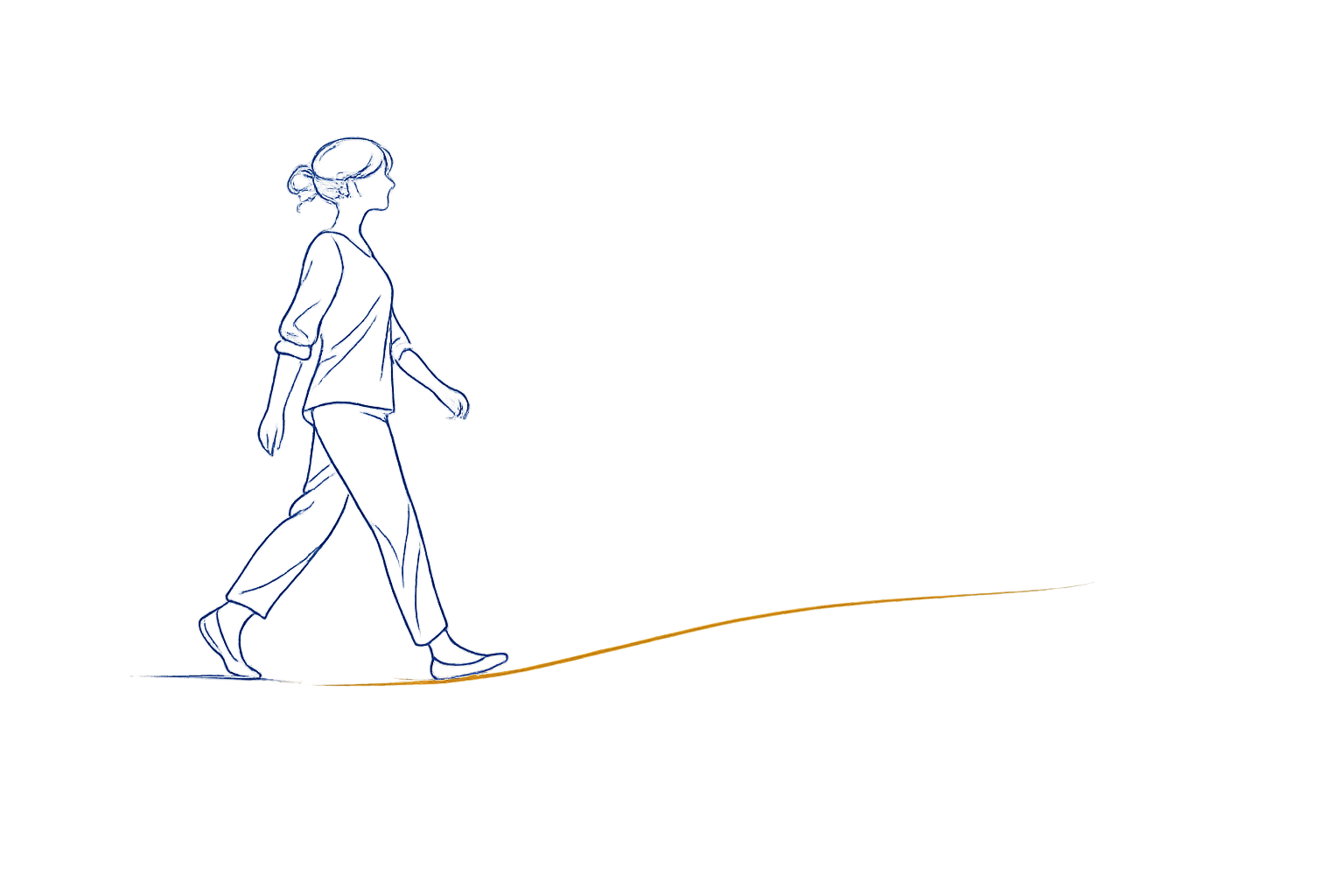 Linienzeichnung: Frau macht ruhig den ersten Schritt, unter ihrem Fuß beginnt ein goldener Weg – der Weg beginnt bei dir