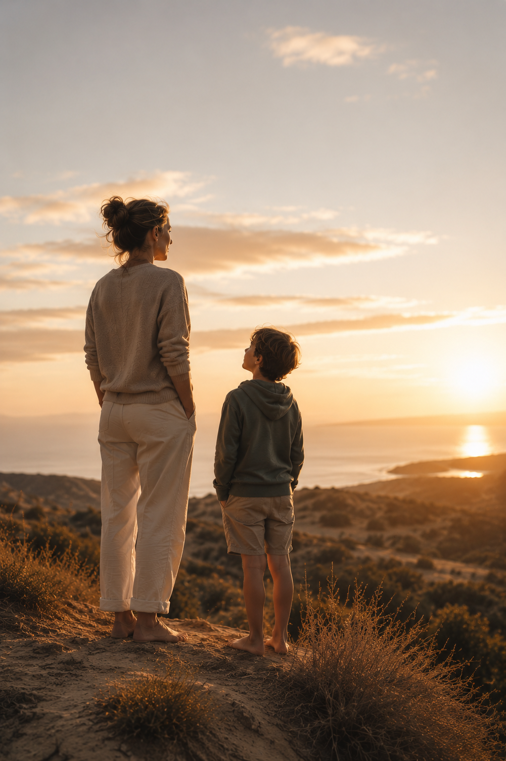 Mutter und Sohn stehen barfuß auf einem Hügel und blicken gemeinsam in den Sonnenuntergang am Meer