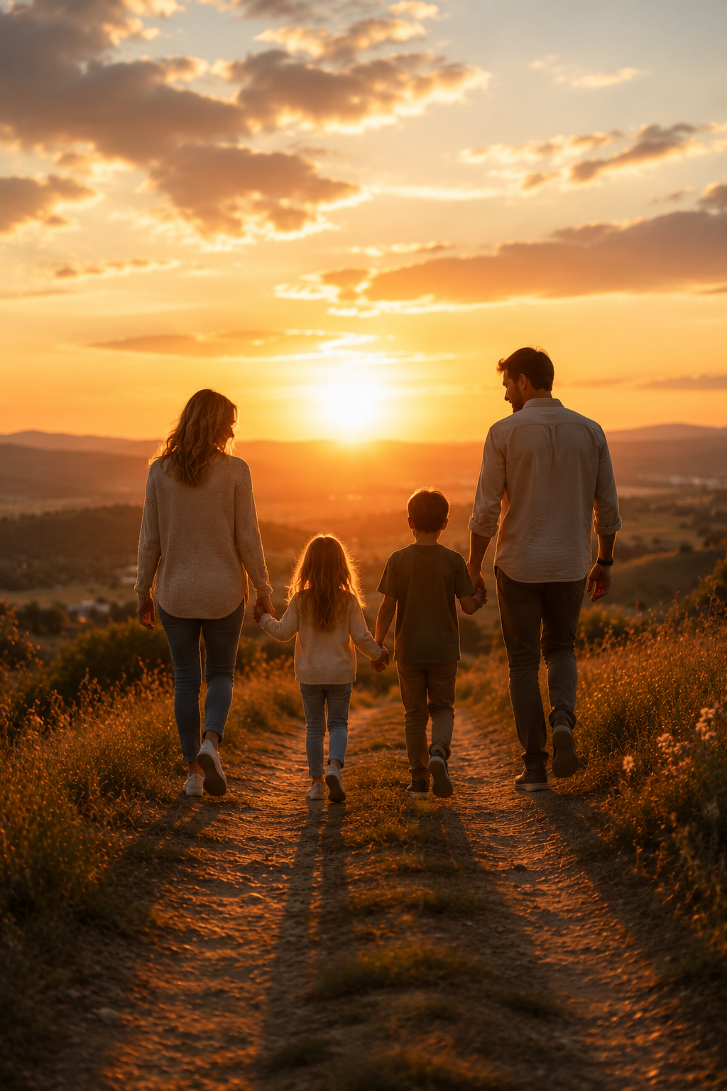 Familie geht bei Sonnenuntergang Hand in Hand einen Weg entlang