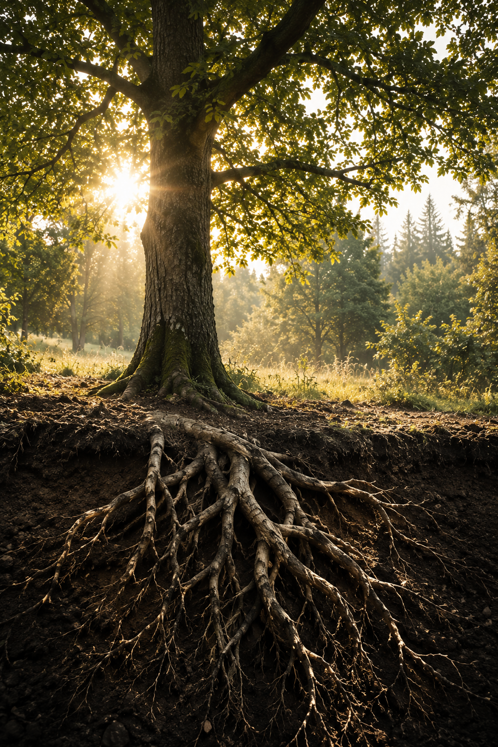 Mächtiger Baum mit weit verzweigten, sichtbaren Wurzeln im warmen Abendlicht